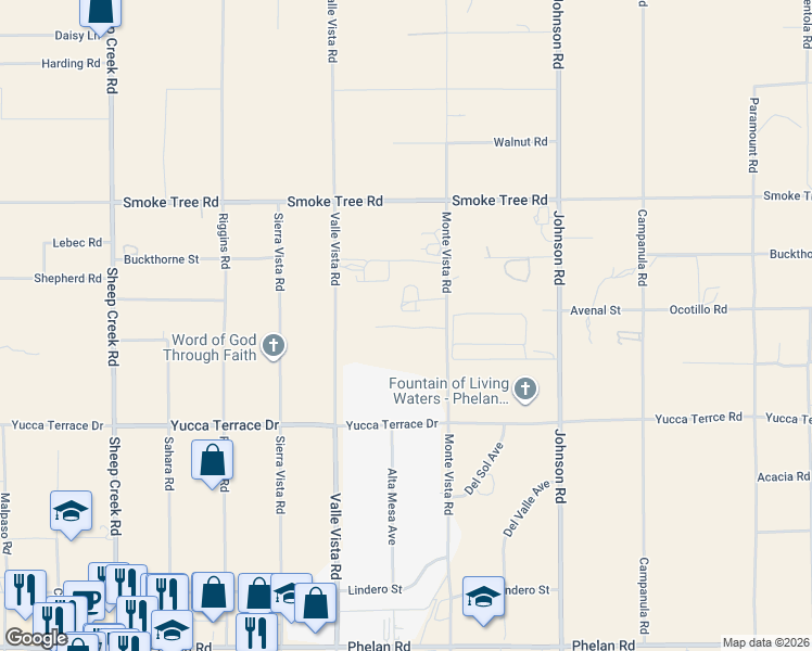 map of restaurants, bars, coffee shops, grocery stores, and more near 10342 Monte Vista Road in Phelan