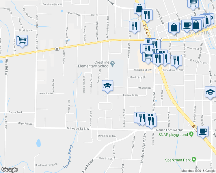 map of restaurants, bars, coffee shops, grocery stores, and more near 598 Crestline Drive Southwest in Hartselle