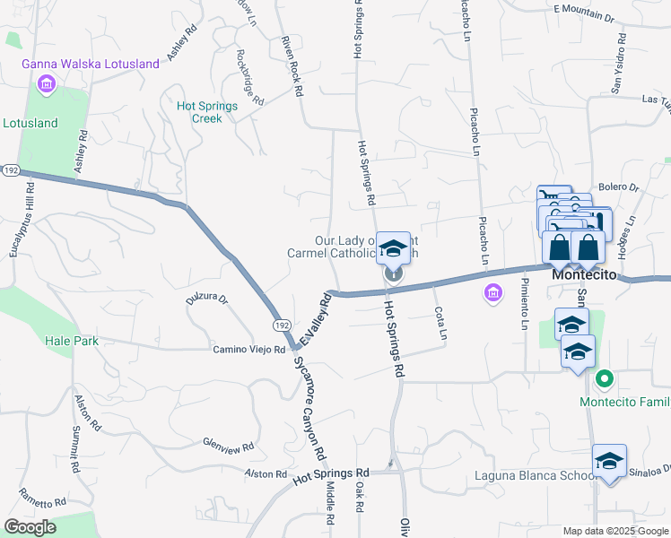 map of restaurants, bars, coffee shops, grocery stores, and more near 553 Parra Grande Lane in Montecito