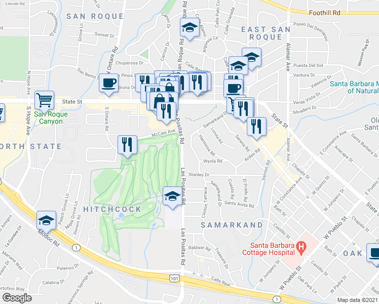 map of restaurants, bars, coffee shops, grocery stores, and more near 3041 Samarkand Drive in Santa Barbara