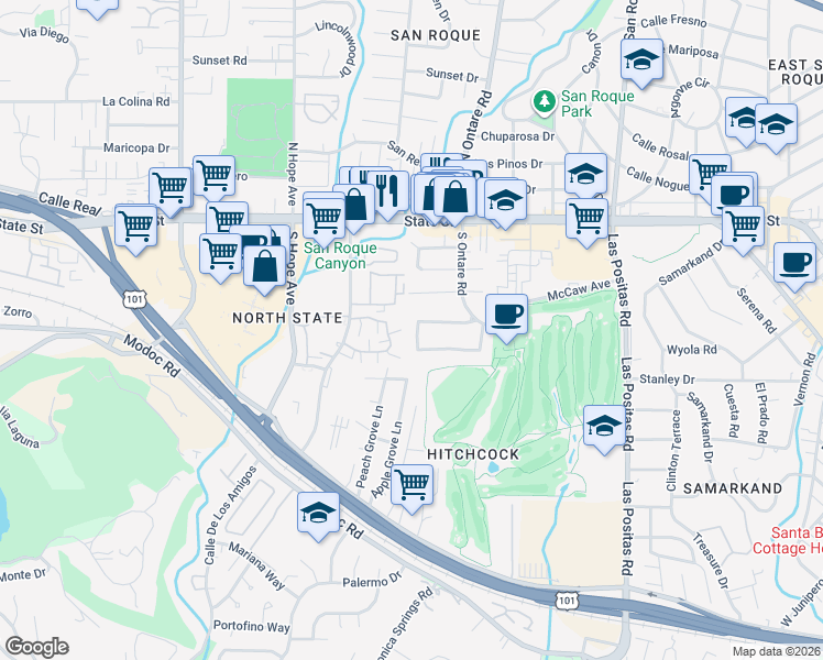 map of restaurants, bars, coffee shops, grocery stores, and more near 3662 San Gabriel Lane in Santa Barbara