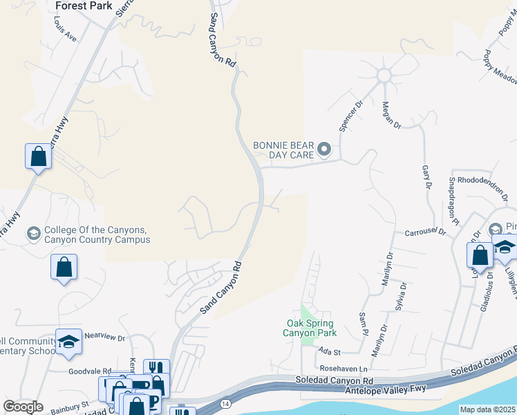 map of restaurants, bars, coffee shops, grocery stores, and more near 29185 Sand Canyon Road in Los Angeles County