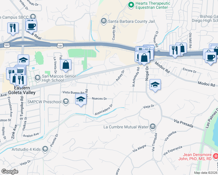 map of restaurants, bars, coffee shops, grocery stores, and more near 4545 Auhay Dr in Santa Barbara