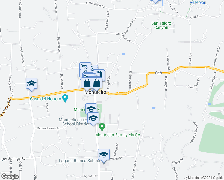 map of restaurants, bars, coffee shops, grocery stores, and more near 504 Hodges Lane in Montecito