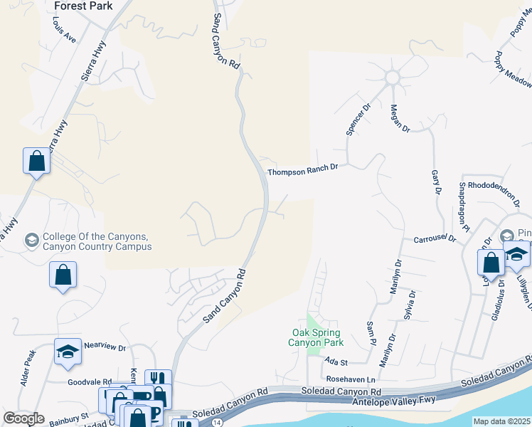 map of restaurants, bars, coffee shops, grocery stores, and more near 29185 Sand Canyon Road in Los Angeles County