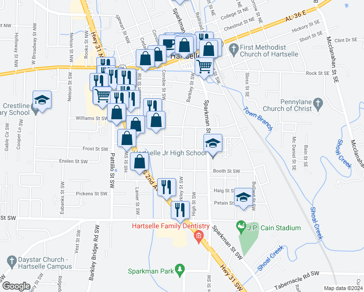 map of restaurants, bars, coffee shops, grocery stores, and more near 801 Barkley Street Southwest in Hartselle