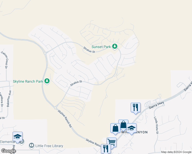 map of restaurants, bars, coffee shops, grocery stores, and more near 28524 Foothill Way in Santa Clarita