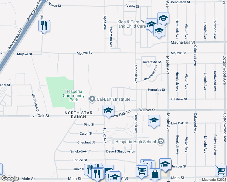 map of restaurants, bars, coffee shops, grocery stores, and more near 10253 Susan Avenue in Hesperia