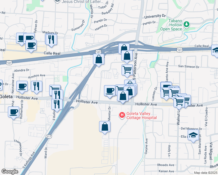map of restaurants, bars, coffee shops, grocery stores, and more near 136 Sumida Gardens Lane in Goleta