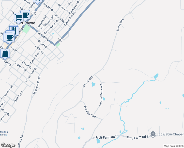 map of restaurants, bars, coffee shops, grocery stores, and more near 718 Scenic Road East in Fort Payne