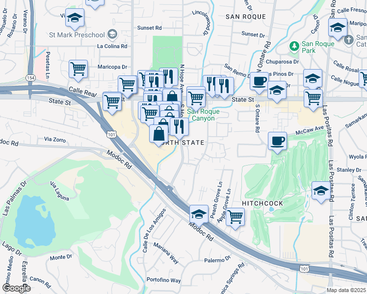 map of restaurants, bars, coffee shops, grocery stores, and more near 265 South Hope Avenue in Santa Barbara