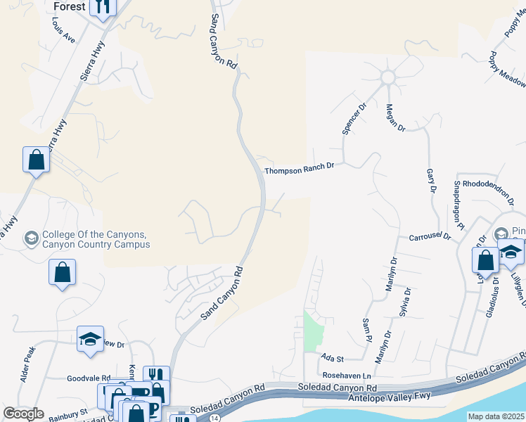 map of restaurants, bars, coffee shops, grocery stores, and more near 29310 Sand Canyon Road in Los Angeles County
