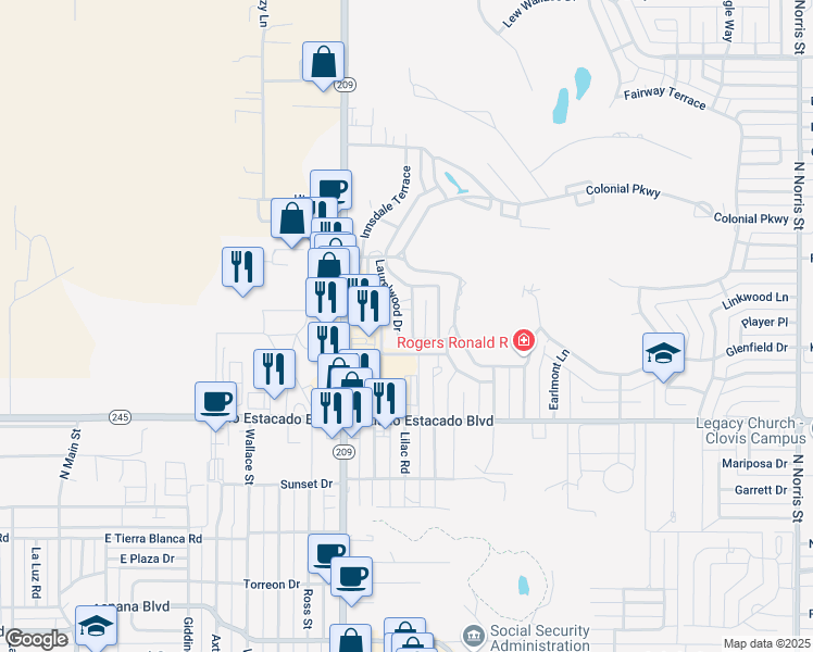 map of restaurants, bars, coffee shops, grocery stores, and more near 905 Laurelwood Drive in Clovis