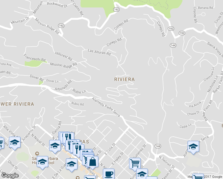 map of restaurants, bars, coffee shops, grocery stores, and more near 356 Loma Media Road in Santa Barbara
