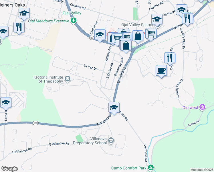 map of restaurants, bars, coffee shops, grocery stores, and more near 430 South Carillo Road in Ojai