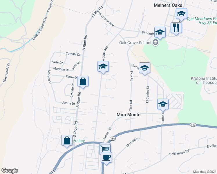map of restaurants, bars, coffee shops, grocery stores, and more near 813 Quail Street in Ojai