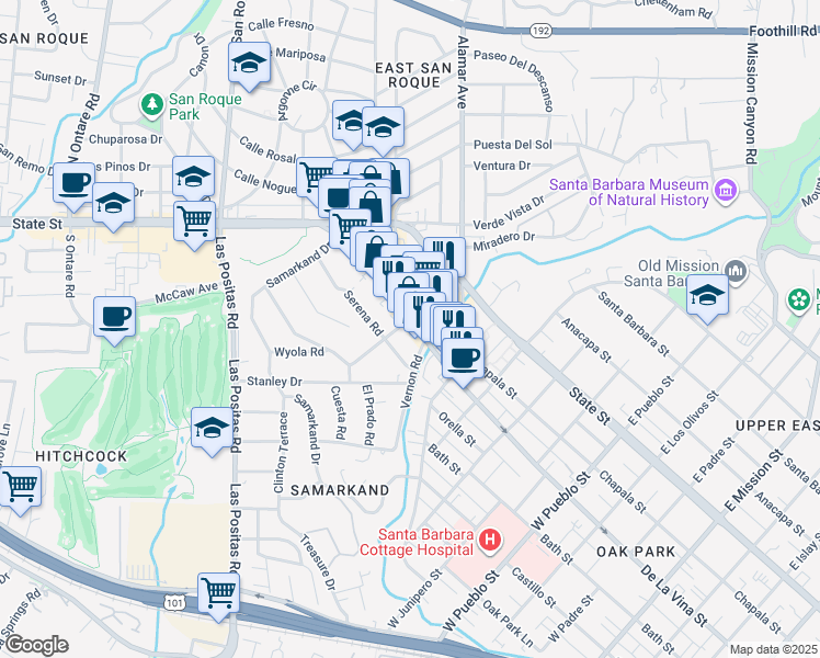 map of restaurants, bars, coffee shops, grocery stores, and more near 2837 De La Vina Street in Santa Barbara