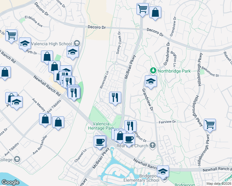 map of restaurants, bars, coffee shops, grocery stores, and more near 27379 Dearborn Drive in Santa Clarita