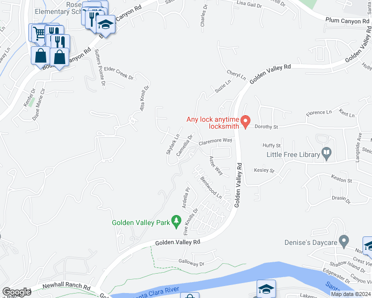 map of restaurants, bars, coffee shops, grocery stores, and more near 27642 Camellia Drive in Santa Clarita