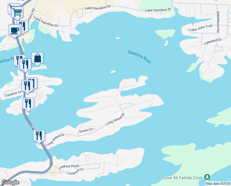 map of restaurants, bars, coffee shops, grocery stores, and more near 804 Long Island Drive in Hot Springs
