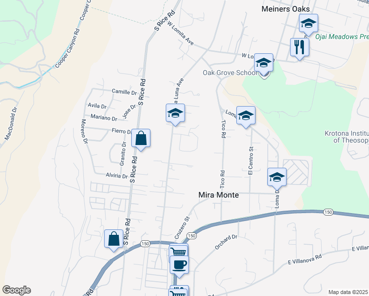 map of restaurants, bars, coffee shops, grocery stores, and more near 813 Quail Street in Ojai