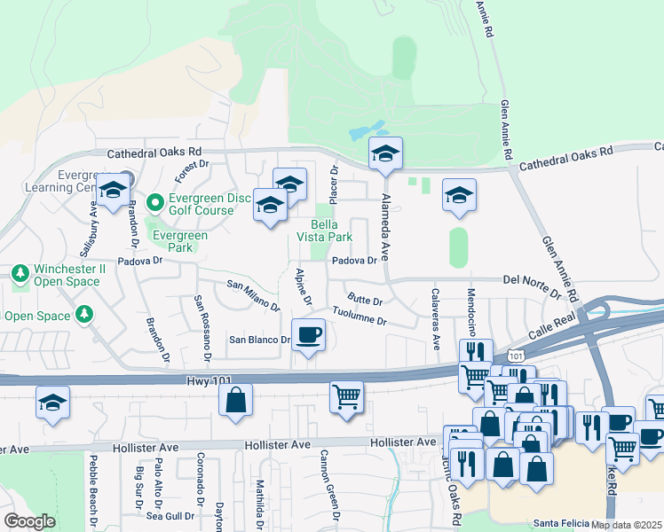map of restaurants, bars, coffee shops, grocery stores, and more near 7341 Padova Drive in Goleta