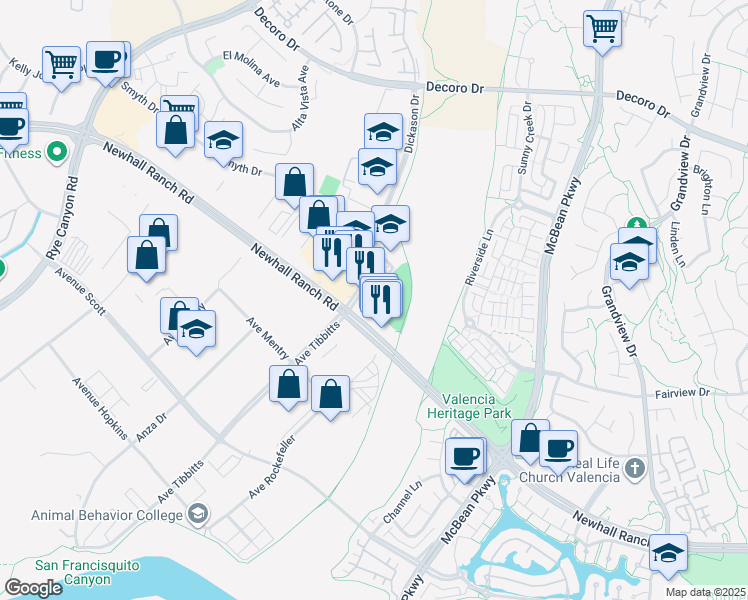 map of restaurants, bars, coffee shops, grocery stores, and more near 27560 Newhall Ranch Road in Santa Clarita