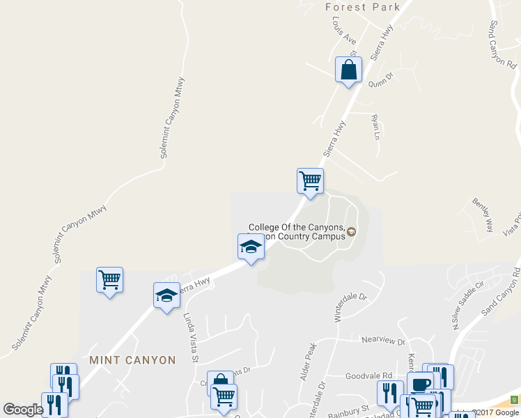 map of restaurants, bars, coffee shops, grocery stores, and more near 17165 Sierra Hwy in Santa Clarita