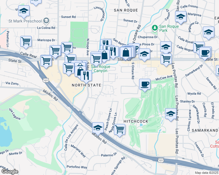map of restaurants, bars, coffee shops, grocery stores, and more near 3761 Greggory Way in Santa Barbara