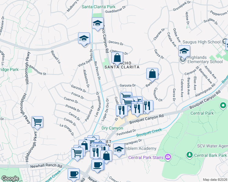 map of restaurants, bars, coffee shops, grocery stores, and more near 26861 Cuatro Milpas Street in Santa Clarita