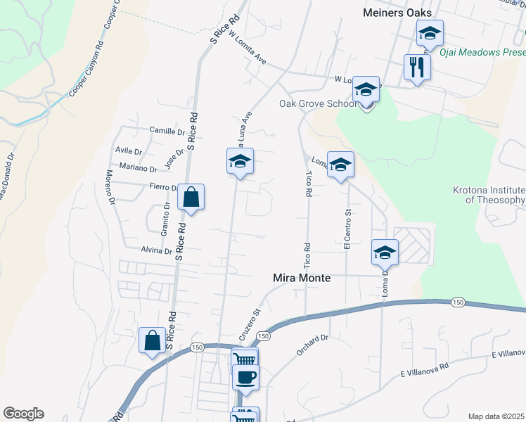 map of restaurants, bars, coffee shops, grocery stores, and more near 785 Cottonwood Avenue in Ojai