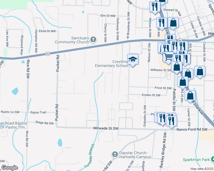 map of restaurants, bars, coffee shops, grocery stores, and more near 900 Logwood Road Southwest in Hartselle