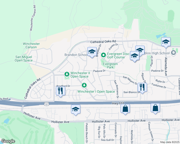 map of restaurants, bars, coffee shops, grocery stores, and more near 7641 Padova Drive in Goleta