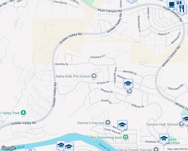 map of restaurants, bars, coffee shops, grocery stores, and more near 27932 Calypso Lane in Santa Clarita