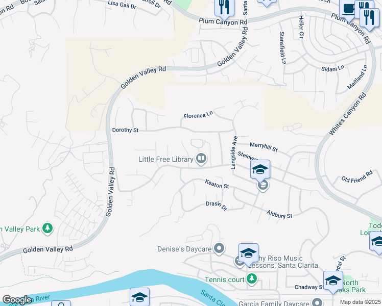 map of restaurants, bars, coffee shops, grocery stores, and more near 27932 Calypso Lane in Santa Clarita