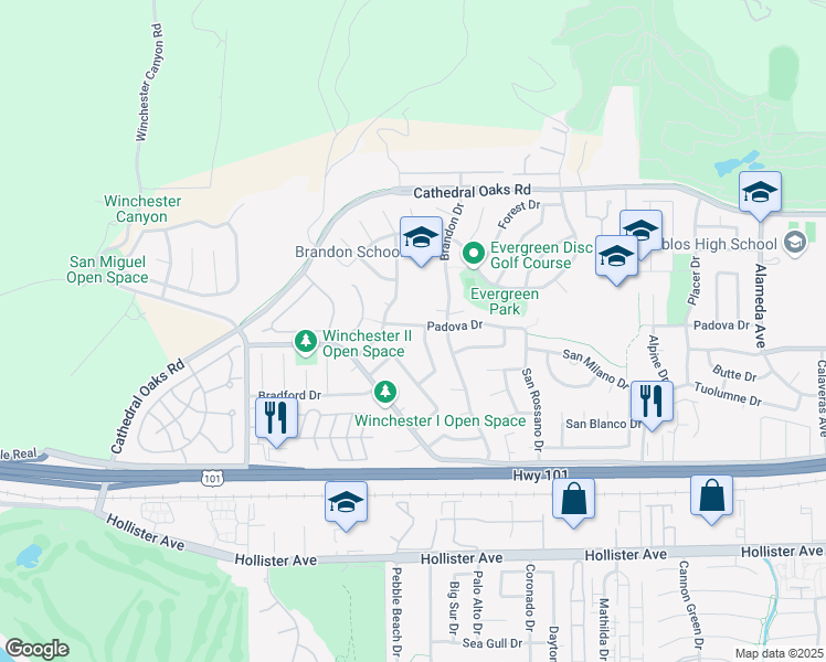 map of restaurants, bars, coffee shops, grocery stores, and more near 7641 Padova Drive in Goleta
