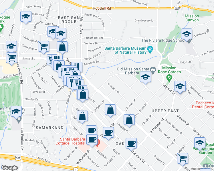 map of restaurants, bars, coffee shops, grocery stores, and more near 2525 Anacapa Street in Santa Barbara
