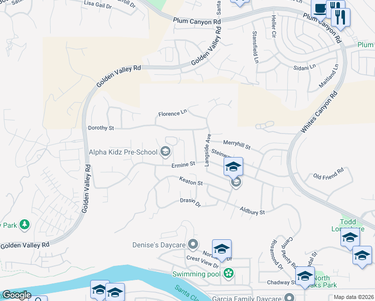 map of restaurants, bars, coffee shops, grocery stores, and more near 28032 Lakehurst Avenue in Santa Clarita