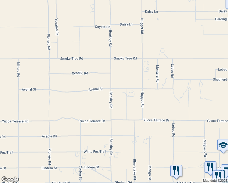 map of restaurants, bars, coffee shops, grocery stores, and more near 3321 Avenal Street in Phelan