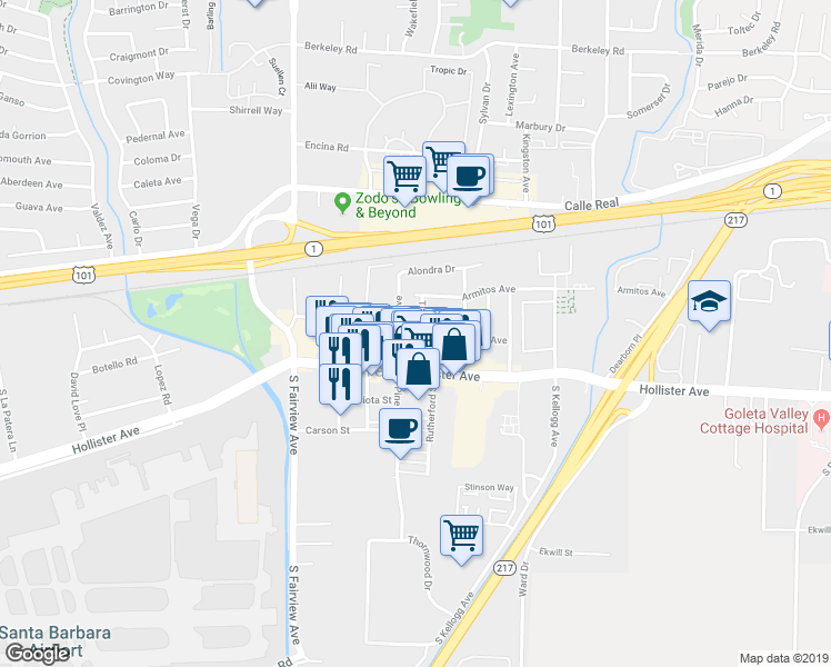 map of restaurants, bars, coffee shops, grocery stores, and more near 121 Tecolote Avenue in Goleta