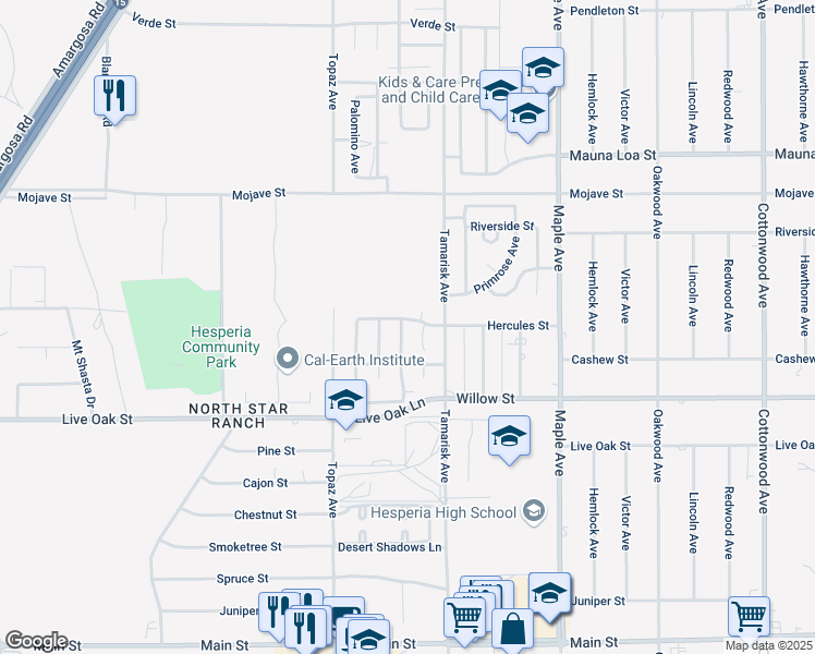 map of restaurants, bars, coffee shops, grocery stores, and more near 10271 Jennifer Street in Hesperia