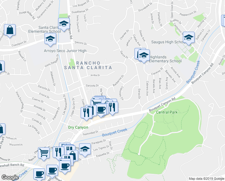 map of restaurants, bars, coffee shops, grocery stores, and more near 26917 Barbacoa Place in Santa Clarita