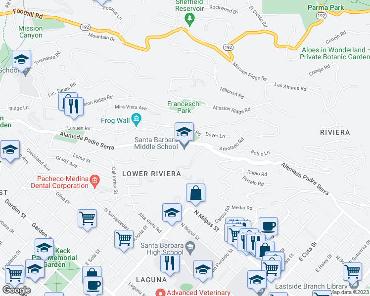 map of restaurants, bars, coffee shops, grocery stores, and more near 1321 Alameda Padre Serra in Santa Barbara