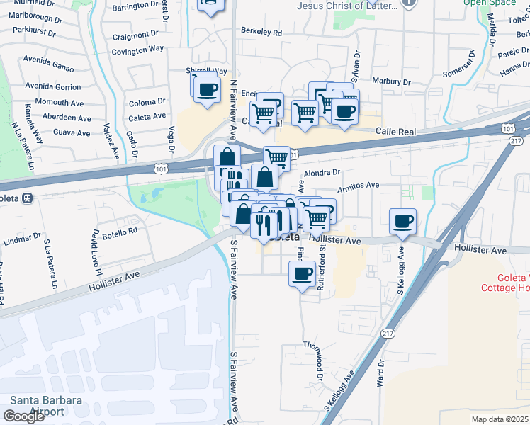 map of restaurants, bars, coffee shops, grocery stores, and more near 124 Orange Avenue in Goleta