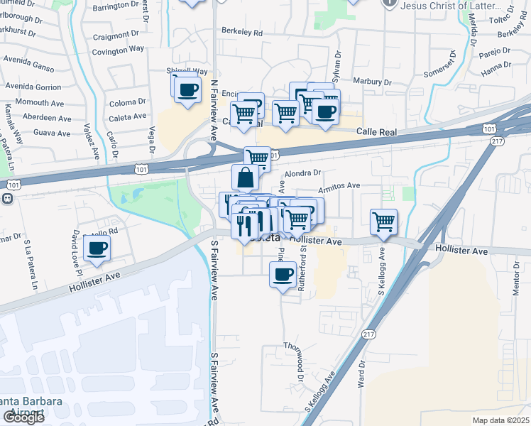 map of restaurants, bars, coffee shops, grocery stores, and more near 120 Magnolia Avenue in Goleta