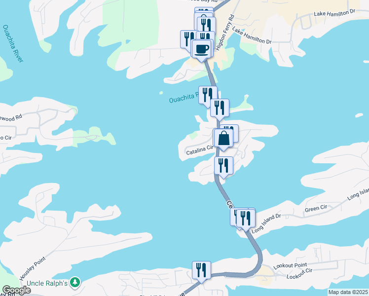 map of restaurants, bars, coffee shops, grocery stores, and more near 134a Catalina Circle in Lake Hamilton