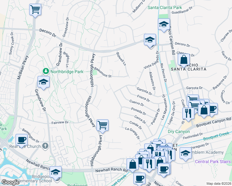 map of restaurants, bars, coffee shops, grocery stores, and more near 27118 Vista Encantada Drive in Santa Clarita
