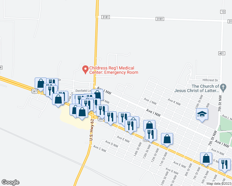 map of restaurants, bars, coffee shops, grocery stores, and more near 1810 Avenue I Northwest in Childress