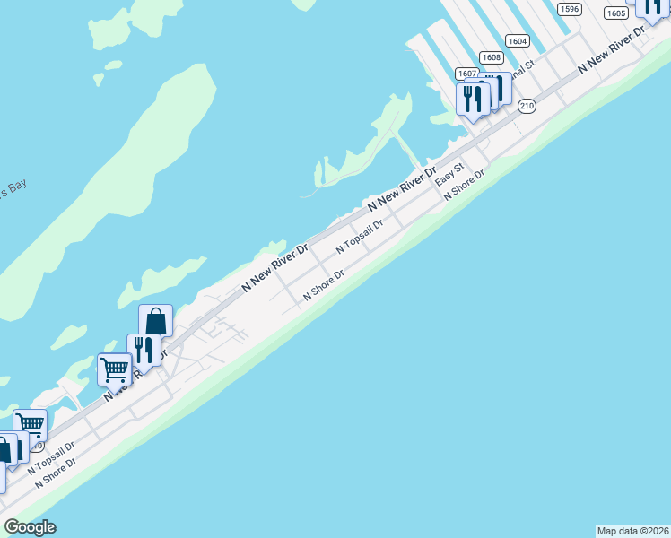 map of restaurants, bars, coffee shops, grocery stores, and more near 1205 North Shore Drive in Surf City