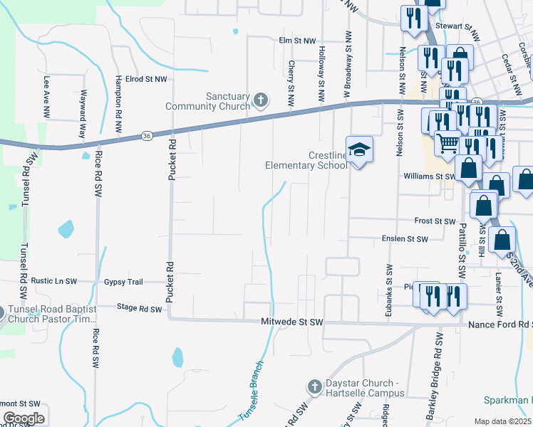 map of restaurants, bars, coffee shops, grocery stores, and more near 901 Bellemeade St SW in Hartselle